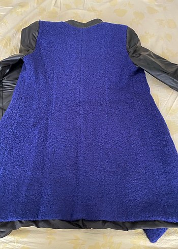 Deri detaylı Mavi Uzun Kollu  Mont - Görsel 6