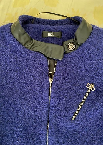 Deri detaylı Mavi Uzun Kollu  Mont - Görsel 2