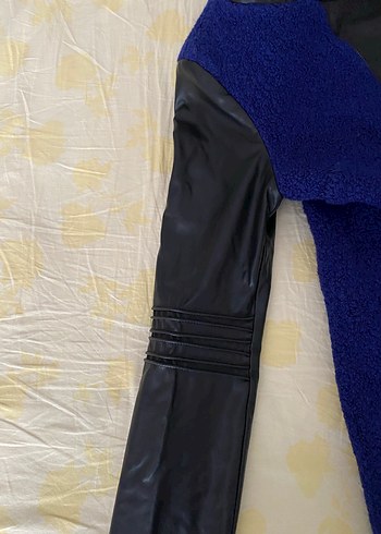 Deri detaylı Mavi Uzun Kollu  Mont - Görsel 4