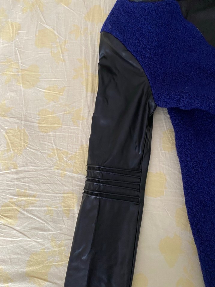 Deri detaylı Mavi Uzun Kollu  Mont - Görsel 4