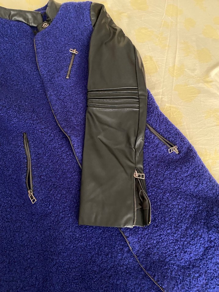 Deri detaylı Mavi Uzun Kollu  Mont - Görsel 5