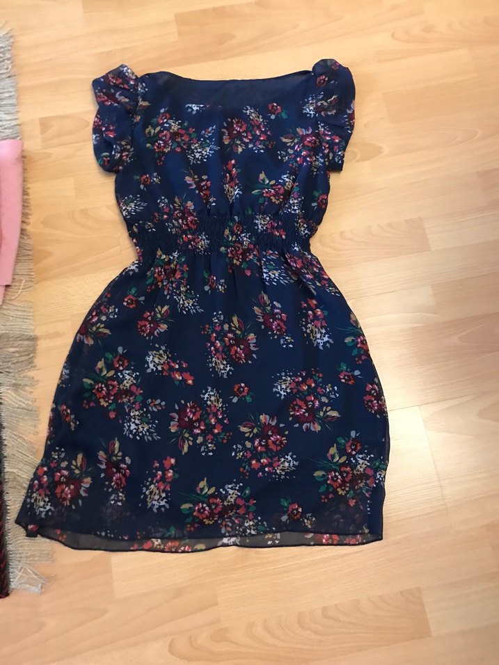 Kısa Kollu Mavi Çiçek Desenli Midi Elbise - Görsel 4