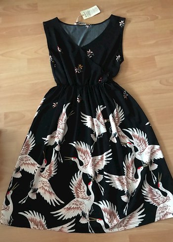 Siyah Kuş Desenli Bohem Uzun Elbise - Görsel 3