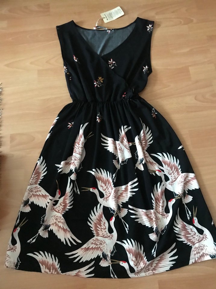 Siyah Kuş Desenli Bohem Uzun Elbise - Görsel 3