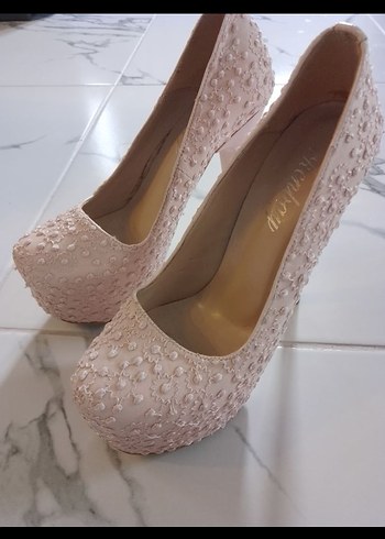 Dantel Detaylı Pembe Platform Topuklu Abiye Ayakkabı