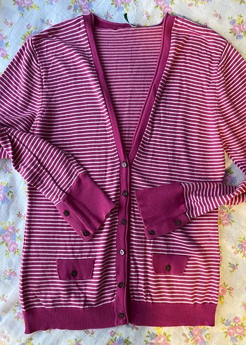 m Beden Düğmeli Pembe Çizgili Benetton Marka Kadın İnce Triko Hırka