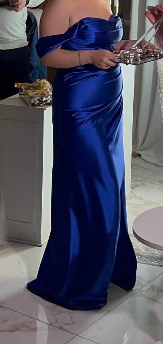 Parlak Lacivert Straplez Uzun Abiye Elbise - Görsel 2