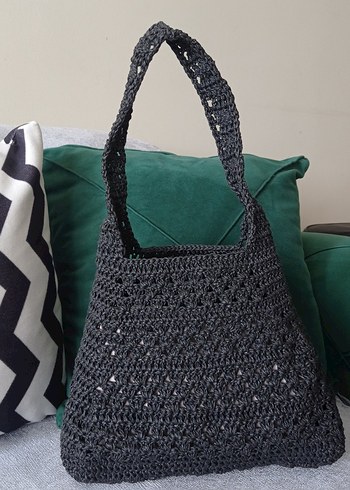 Siyah Dantel Detaylı Örgü Kadın Çanta Kağıt ip - Görsel 2