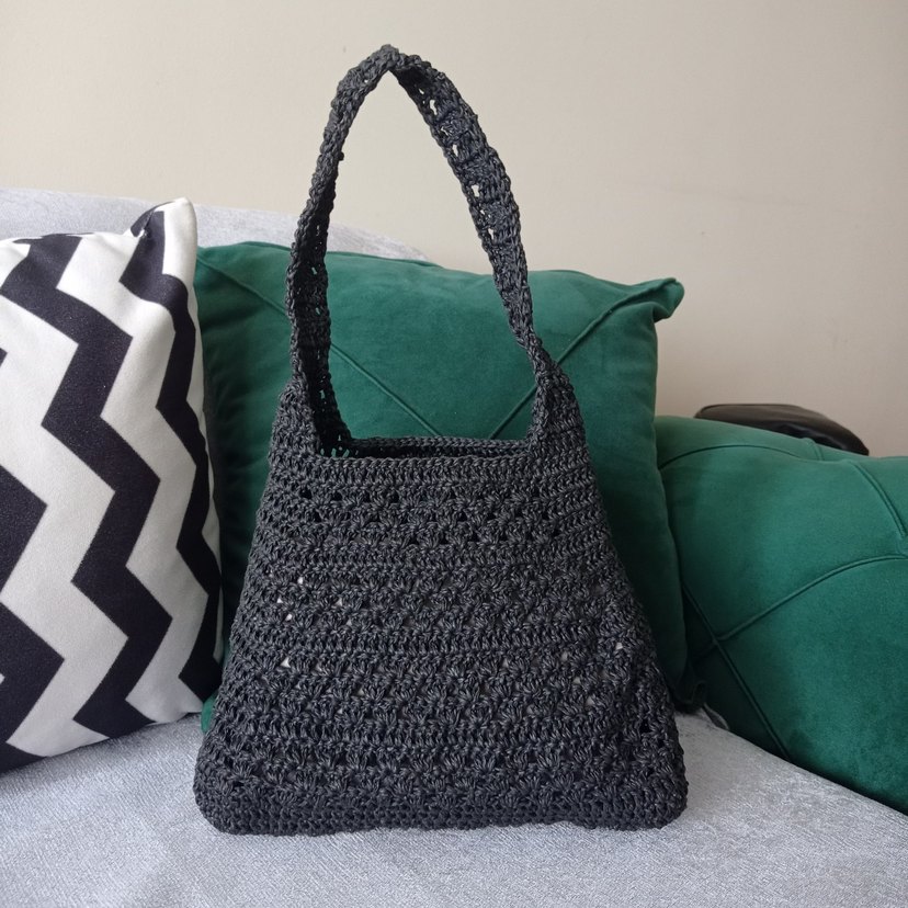 Siyah Dantel Detaylı Örgü Kadın Çanta Kağıt ip - Görsel 3