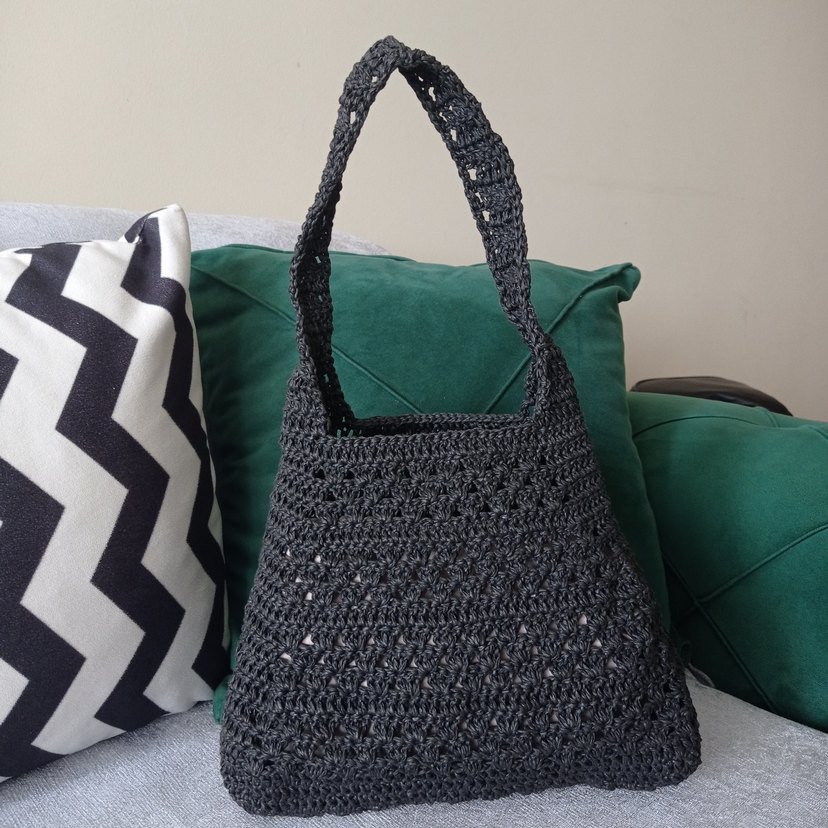 Siyah Dantel Detaylı Örgü Kadın Çanta Kağıt ip - Görsel 2