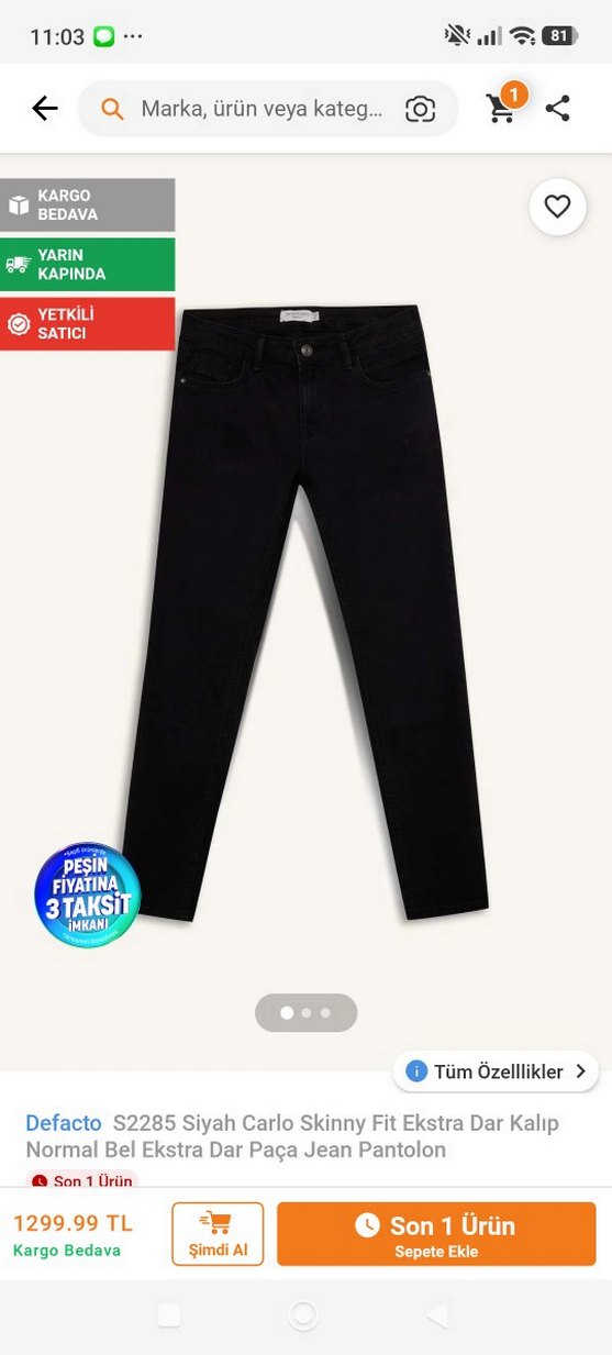 DeFacto Erkek Siyah Skinny  fit Jean — görsel 7/8