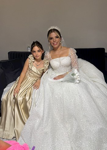 gold Straplez Puf Kollu Kız Çocuk Elbisesi - Görsel 2