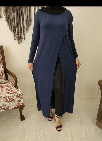 l Beden mavi Renk Uzun tesettür penye hırka