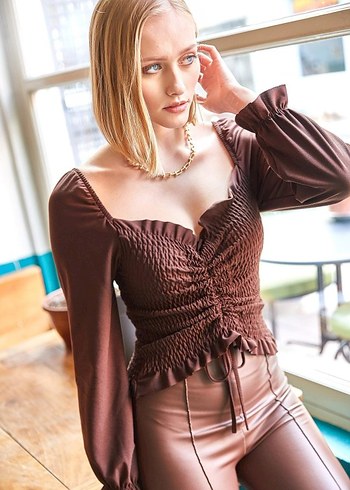 Kahverengi Pilili Kadın Bluz - Görsel 3