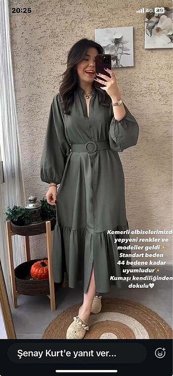 Haki kemerli elbise uzun kol