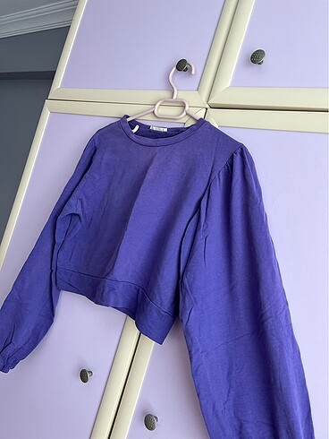 Kadın Balon kollu mor crop sweat - Görsel 6