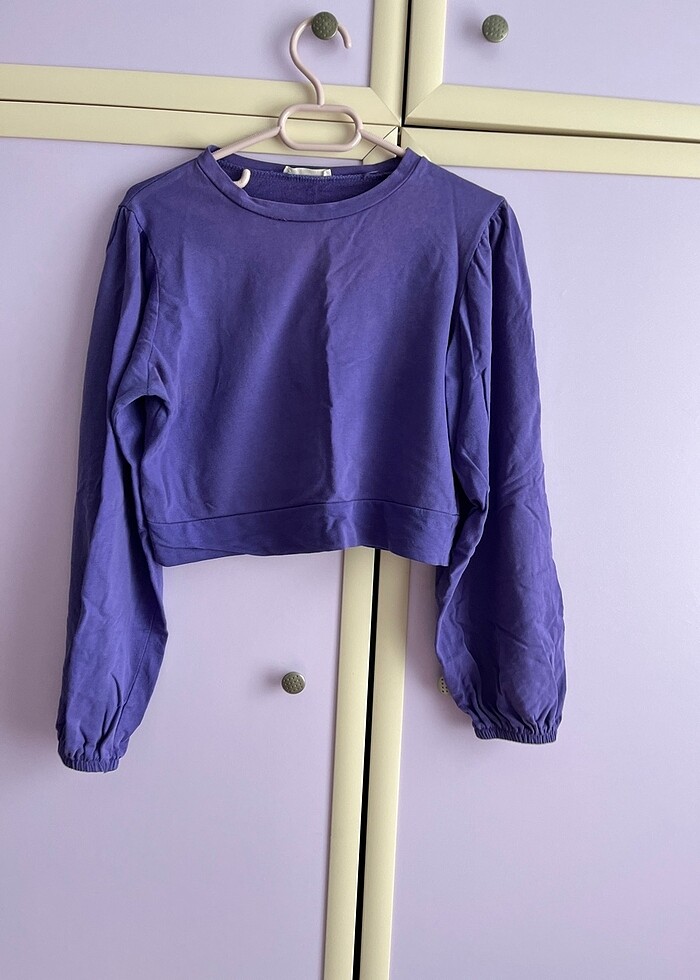 Kadın Balon kollu mor crop sweat - Görsel 3