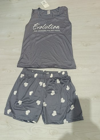 l Beden Gri Baskılı Kolsuz Mini Kadın Pijama Takımı