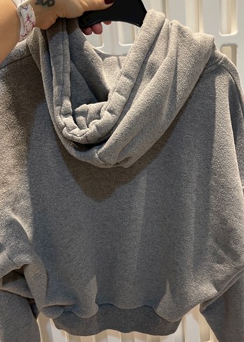 Gri Kapüşonlu Örme Kadın Sweatshirt - Görsel 4