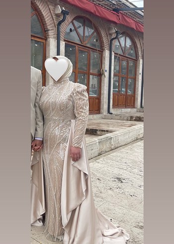 Drapeli Bej Uzun Kol Abiye Elbise - Görsel 2