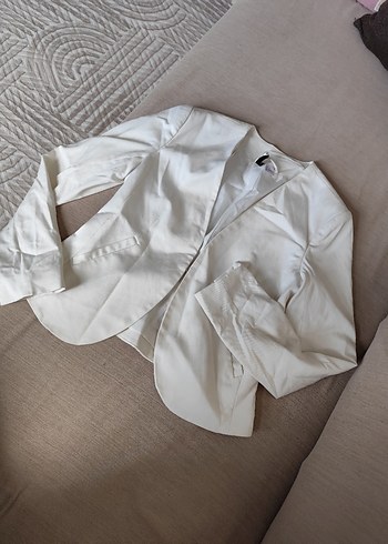 Düğmeli Beyaz Midi Kadın Blazer Ceket - Görsel 2