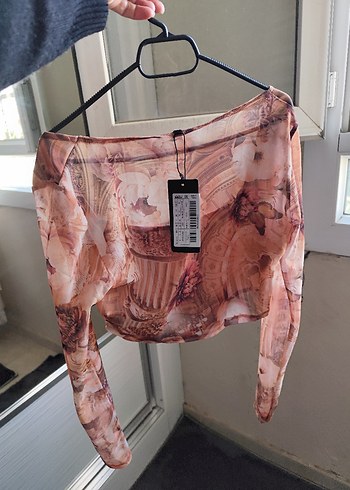 Drapeli Straplez Uzun Kollu Baskılı Bluz - Görsel 2