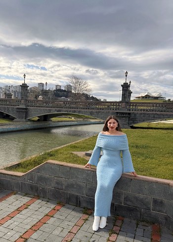 Mavi Uzun Triko Elbise Yüksek Yakalı - Görsel 2