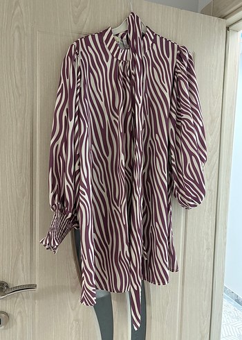 Uzun Kollu, Bohem Zebra Desenli Mor Tunik