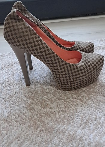 Kahverengi Kareli Platform Topuklu Kadın Babet - Görsel 3