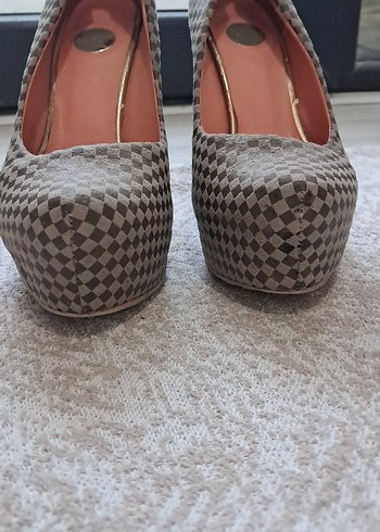 Kahverengi Kareli Platform Topuklu Kadın Babet - Görsel 5