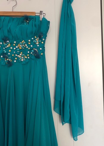 Nakışlı, Askısız, Uzun Turkuaz Kadın Elbise - Görsel 4