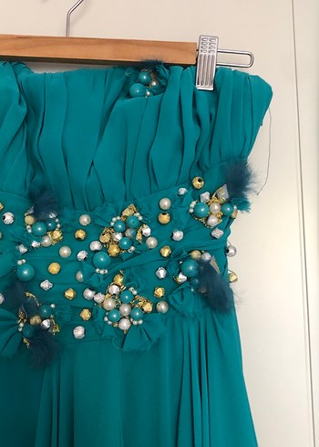 Nakışlı, Askısız, Uzun Turkuaz Kadın Elbise - Görsel 6