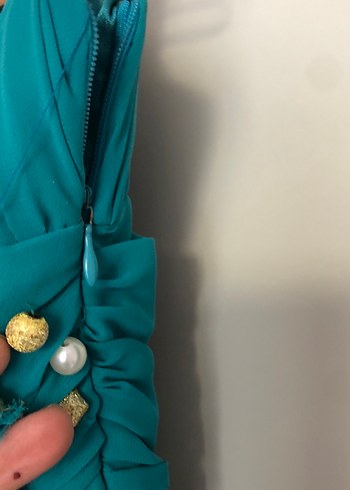 Nakışlı, Askısız, Uzun Turkuaz Kadın Elbise - Görsel 7