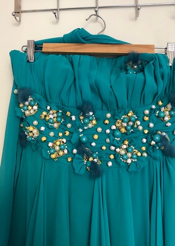 Nakışlı, Askısız, Uzun Turkuaz Kadın Elbise - Görsel 3