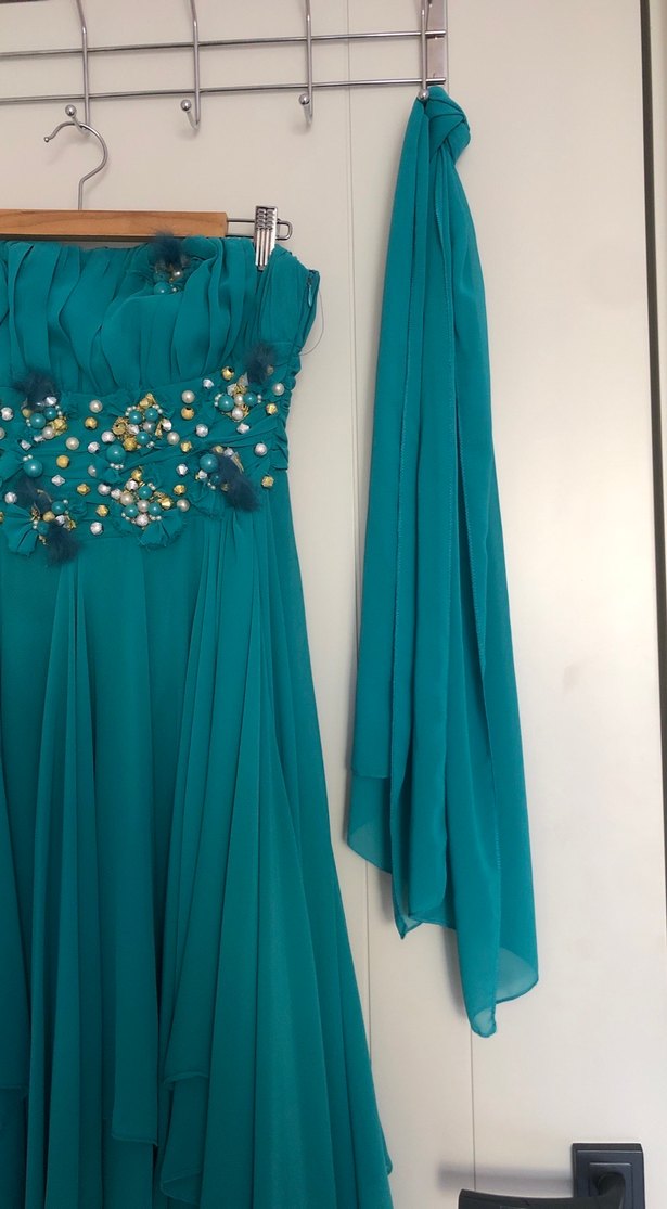 Nakışlı, Askısız, Uzun Turkuaz Kadın Elbise - Görsel 4