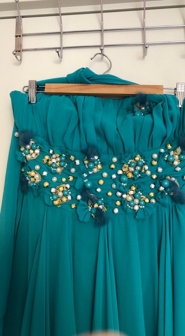 Nakışlı, Askısız, Uzun Turkuaz Kadın Elbise - Görsel 3