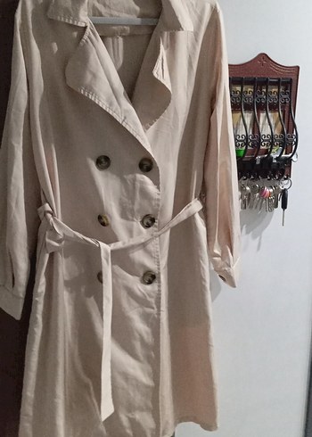 Düğmeli Beyaz Keten Midi Trençkot - Görsel 2