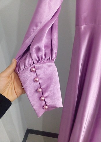 Uzun Kol Drapeli Mor Saten Elbise - Görsel 3