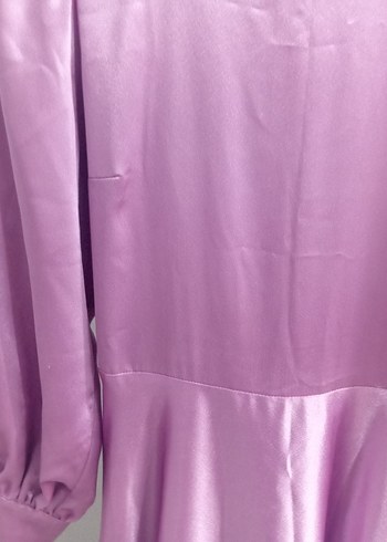 Uzun Kol Drapeli Mor Saten Elbise - Görsel 2