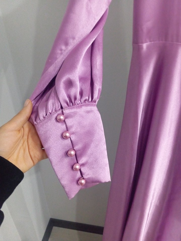 Uzun Kol Drapeli Mor Saten Elbise - Görsel 3