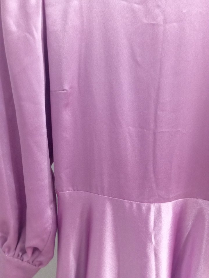 Uzun Kol Drapeli Mor Saten Elbise - Görsel 2