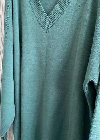 Kadın V Yaka Uzun Yeşil Triko Kazak - Görsel 7