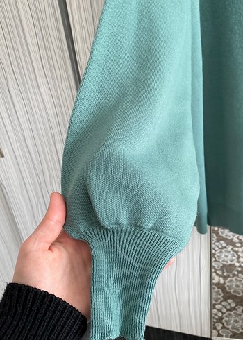 Kadın V Yaka Uzun Yeşil Triko Kazak - Görsel 3