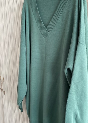 Kadın V Yaka Uzun Yeşil Triko Kazak - Görsel 6