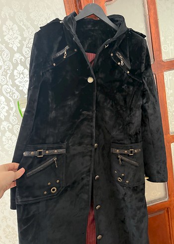 Düğmeli Siyah Uzun Süet Kadın Kaban - Görsel 2