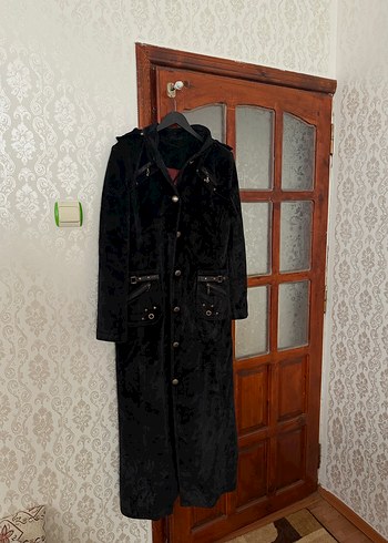 Düğmeli Siyah Uzun Süet Kadın Kaban - Görsel 3