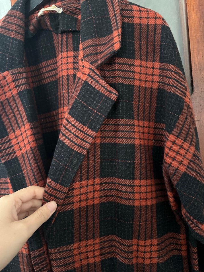 Kareli Uzun Kollu Kadın kaban - Görsel 5