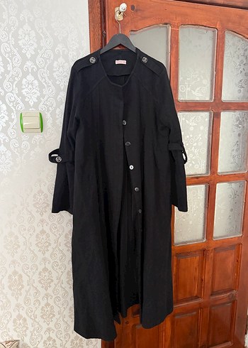 Düğmeli Siyah Uzun Kadın Keten Kaban - Görsel 5