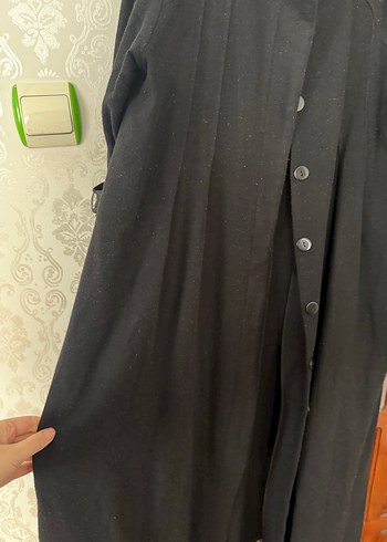 Düğmeli Siyah Uzun Kadın Keten Kaban - Görsel 4