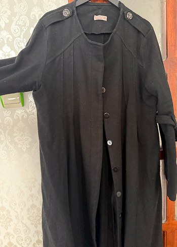 Düğmeli Siyah Uzun Kadın Keten Kaban - Görsel 2